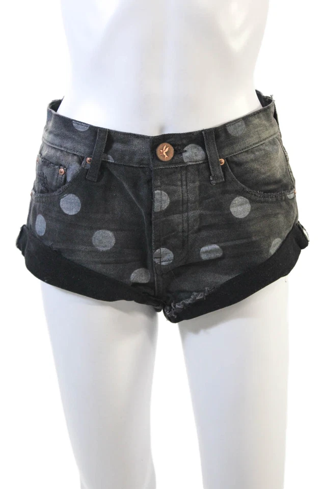 Pantalones cortos de tiro bajo a lunares de mezclilla negros talla 22 One by One Teaspoon para mujer Foto 1 de 4