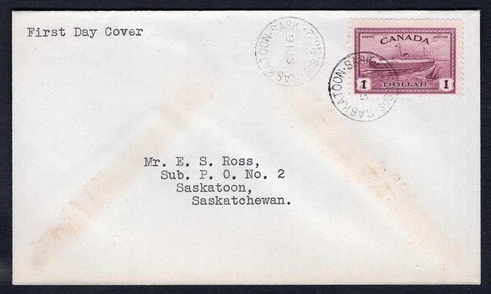 CANADÁ 1946 Peace Issue $1 Train Ferry #273 FDC. Saskatoon Foto 1 de 2