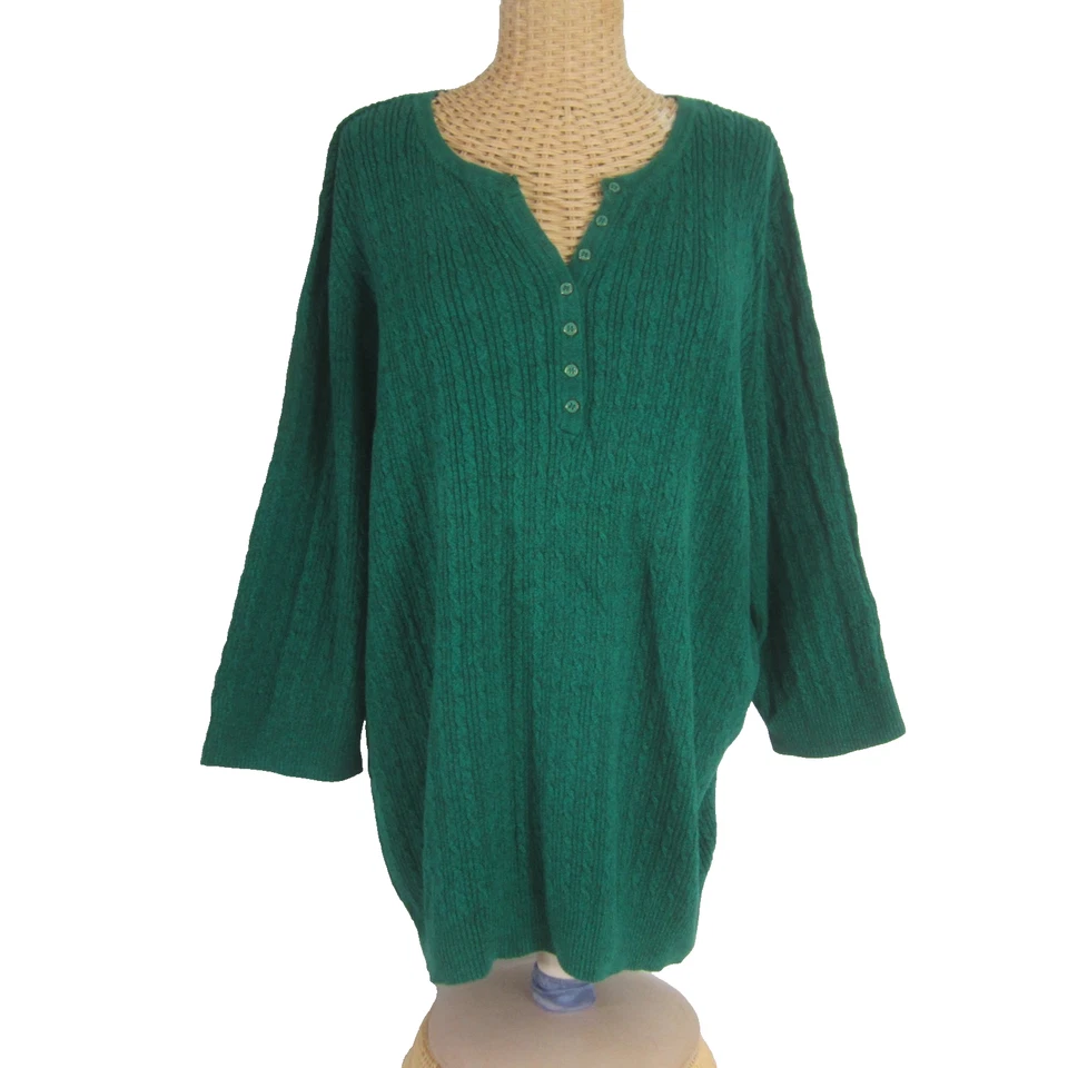 Suéter Henley tejido con cable de algodón verde jaspeado Karen Scott para mujer Plus 3X Foto 1 de 4