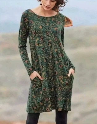Nuevo con etiquetas Vestido Peruvian Connection Orla Cuello Barco Talla L Verde Manga Larga Algodón Pima Foto 1 de 4