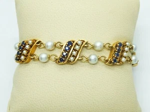 Vintage Honora Designer Natural Pearl & Sapphire Bracelet 14k Gold - Picture 1 of 6