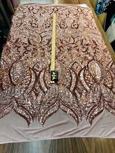 ROSE GOLD FEATHERS SEQUINS ON A 4 WAY STRETCH MESH-PROM-BY YARD - Picture 1 of 9