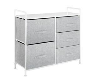 mDesign Tall 5 Dresser Storage Tower - Sturdy Steel Frame, Wood Top, White/Grey  - Picture 1 of 5
