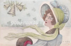 Glamour Art Nouveau Postcard - Artist Drawn Patella - Girl in Green Bonnet - Picture 1 of 1