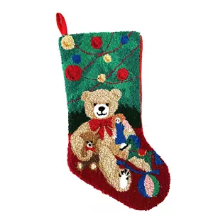 Vintage Needlepoint Punched Stocking Teddy Bear Toys under Christmas Tree Deco - Picture 1 of 6