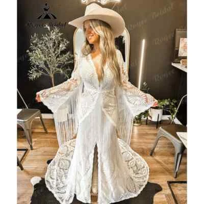 Bohemian Wedding Dress Women Tassel Lace Deep V Neck Backless Gown Small Tail - Image 1 of 4