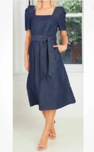 Neu mit Etikett Who What Wear Damen Puffärmel Denim Jeans bescheidenes Kleid blau Gr. Large A15 - Bild 1 von 9