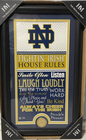 Notre Dame Fighting Irish House Rules Wall Home Decor Framed W/Glass 12x20 Cover