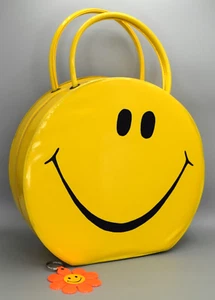 Vintage Mod Tolin MFG Co gelb Smiley Gesicht Vinyl Handtasche Reisetasche Etui 1970er - Bild 1 von 24