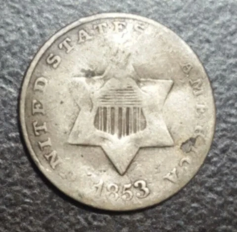 1853 US Three Cent 3c Silver Piece Trime Small Coin Fine details dents Cover