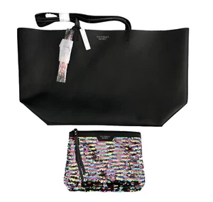 Victorias Secret Black Tote Bag Faux Leather Rainbow Tassel 22x13 NWT MSRP $99 - Picture 1 of 11
