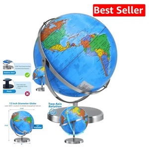 720° Rotating 13-inch World Globe with Sturdy Stainless Steel Stand - Blue Decor - Picture 1 of 8