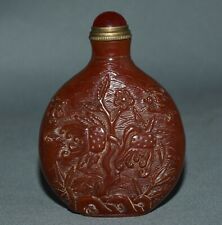 8CM Rare Old China Amber Carving Crane Peach Flower Snuff Bottle