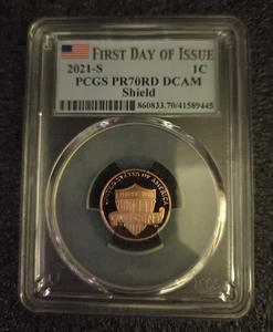 2021 S  Lincoln Shield Cent  PCGS  PR70RD DCAM First Day Of Issue, Flag Label  - Picture 1 of 2