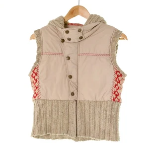 Free People Contrasting Knit Hooded Tan Red Puffer Zip Button Snap Vest Womens S - Picture 1 of 8