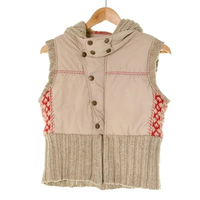 Free People Contrasting Knit Hooded Tan Red Puffer Zip Button Snap Vest Womens S - Image 1 of 4