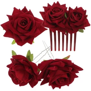1Set Artificial Rose Bobby Pin Fashionable Bride Wedding Hair Accessory (Red) - Picture 1 of 12