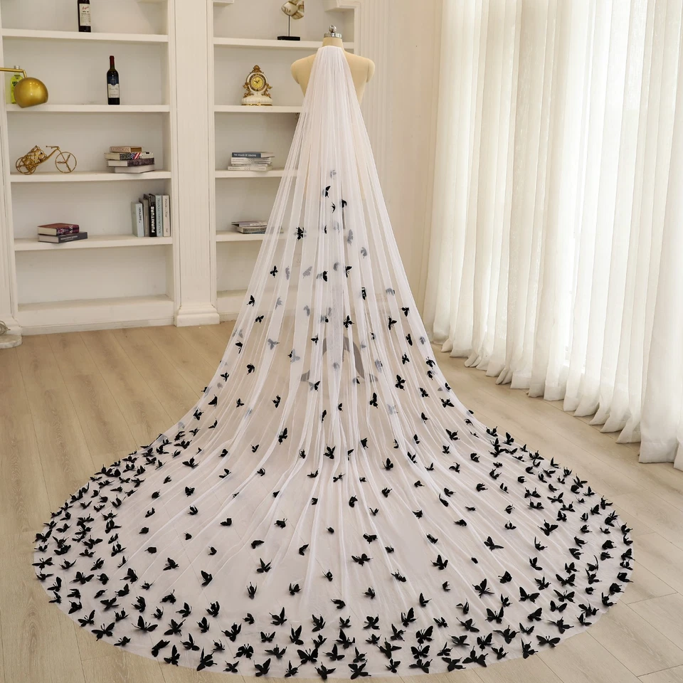 Hermoso velo de novia de mariposa de satén negro Foto 1 de 4