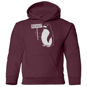 Penguin With Resist Sign - Anti Tariff Protest Youth Hooded Sweatshirt - Picture 1 of 11