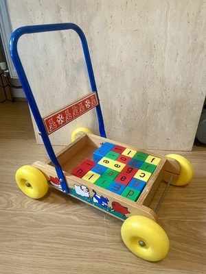 Vintage 1970’s Wooden Push Along Baby Walker,24 colourful alphabet/Number blocks - Image 1 of 4