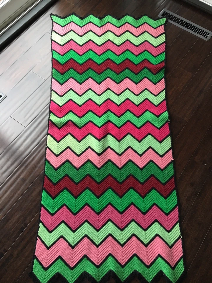 Handmade Crochet Afghan Granny Chic Throw Blanket Wool Pink Green Ombré 64”x 30” - Image 1 of 4