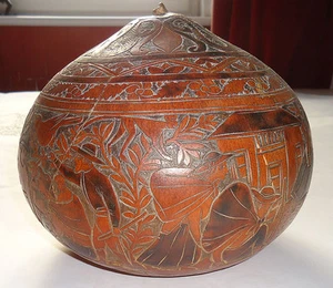 CUENCO DE CALABAZA ORNAMENTAL: Arte decorativo/escena de animales y caza europea del siglo 1900 - Imagen 1 de 7