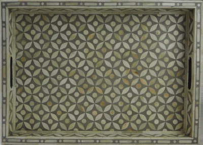 Handmade Bone Inlay Rectangular Serving Tray Grey Geometric Tray - Image 1 of 4