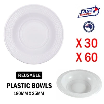 180MM REUSABLE PARTY WHITE PLASTIC BOWLS DINNER PICNIC ROUND CATERING - image 1 of 4