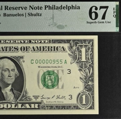 1969D $1 Philadelphia FRN PMG 67EPQ gem three digit low serial number 00000955 - Image 1 of 3
