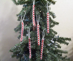 White on Red Beaded Icicle Christmas Ornaments Set of 6 - Picture 1 of 4