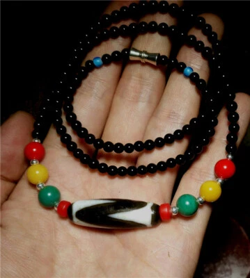 tibetano real genuino antiguo ágata "diente de tigre" dzi collar de cuentas amuleto D1 Foto 1 de 4