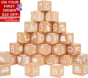 Alphabet Letters Stacking Blocks, 26 Wooden ABC Building Blocks for Toddlers, Nu - Picture 1 of 12