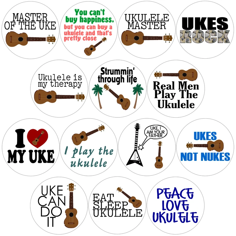 KIWI GIFTS Pack of 14 Ukulele Stickers - Uke Music Humor 3" x 3" Circle Stickers
