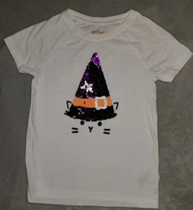 NUEVO SIN ETIQUETAS Niñas Cat & Jack Camiseta Blanca Manga Corta Halloween Tema Lentejuelas S 6-6X - Imagen 1 de 4