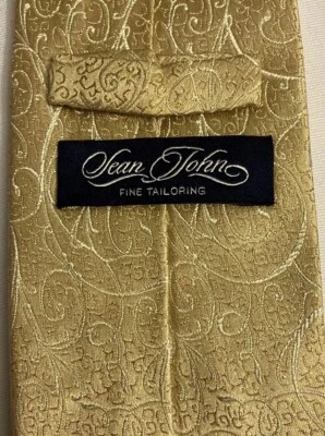 Corbata Sean Jean 100 % seda hecha a mano diseño floral dorado Foto 1 de 4