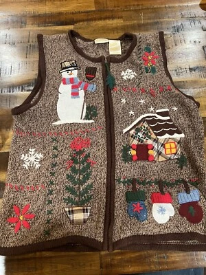 Bobbie Brooks Mujer’s Grande Feo Navidad Suéter Chaleco Muñeco de Nieve Mitones Nieve Foto 1 de 4