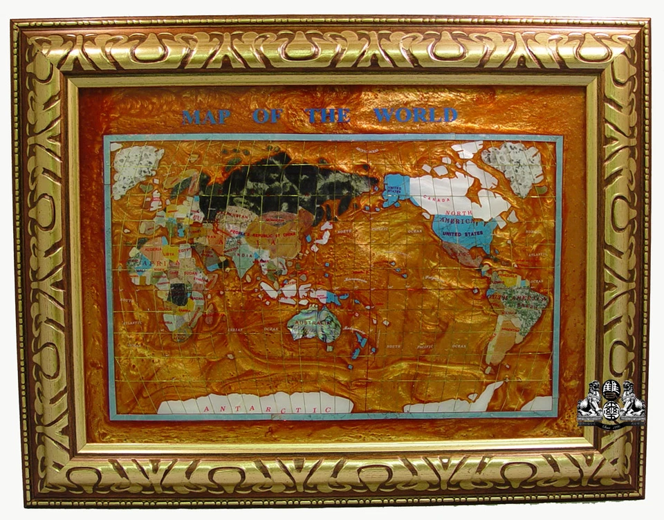 Unique Art 26" Cross Amber Pearl Swirl Ocean Gemstone World map with Frame - Image 1 of 1