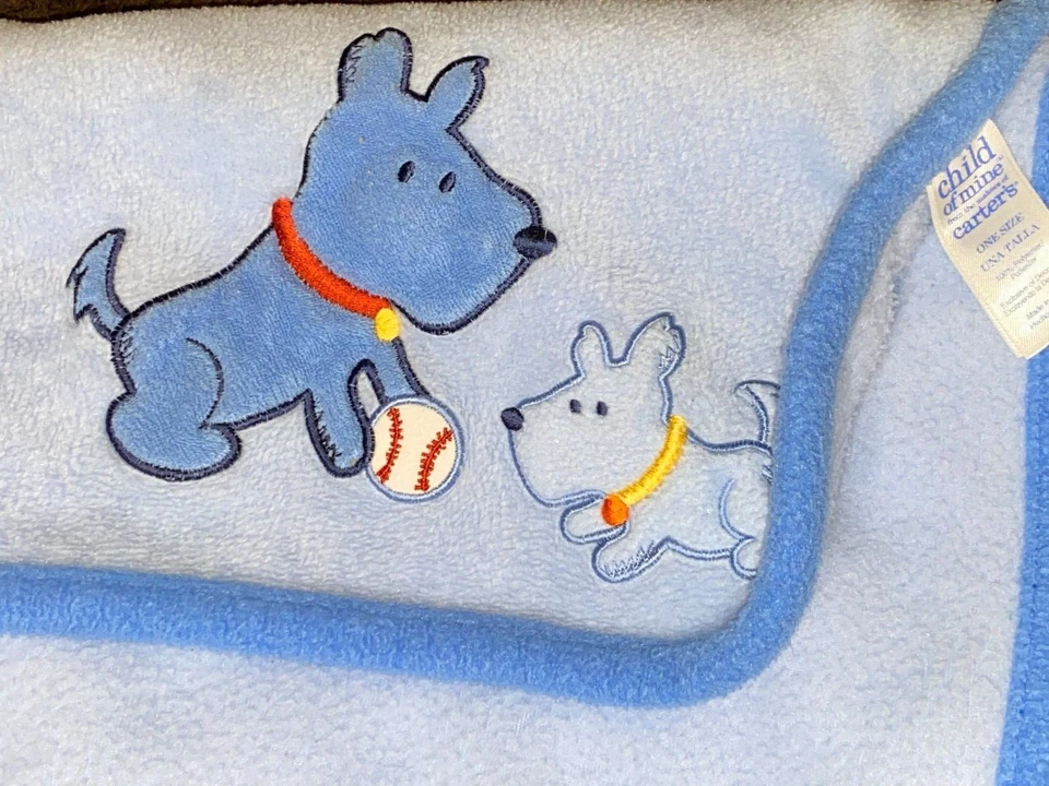 7B !WOW! LN Vintage CARTER'S Puppy Dog Baseball Blue Plush Fleece Crib Blanket - Image 1 of 4