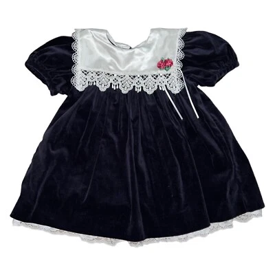 Cuello de encaje de terciopelo azul marino Good Lad vintage para niñas SS 2T hecho en EE. UU. Foto 1 de 4