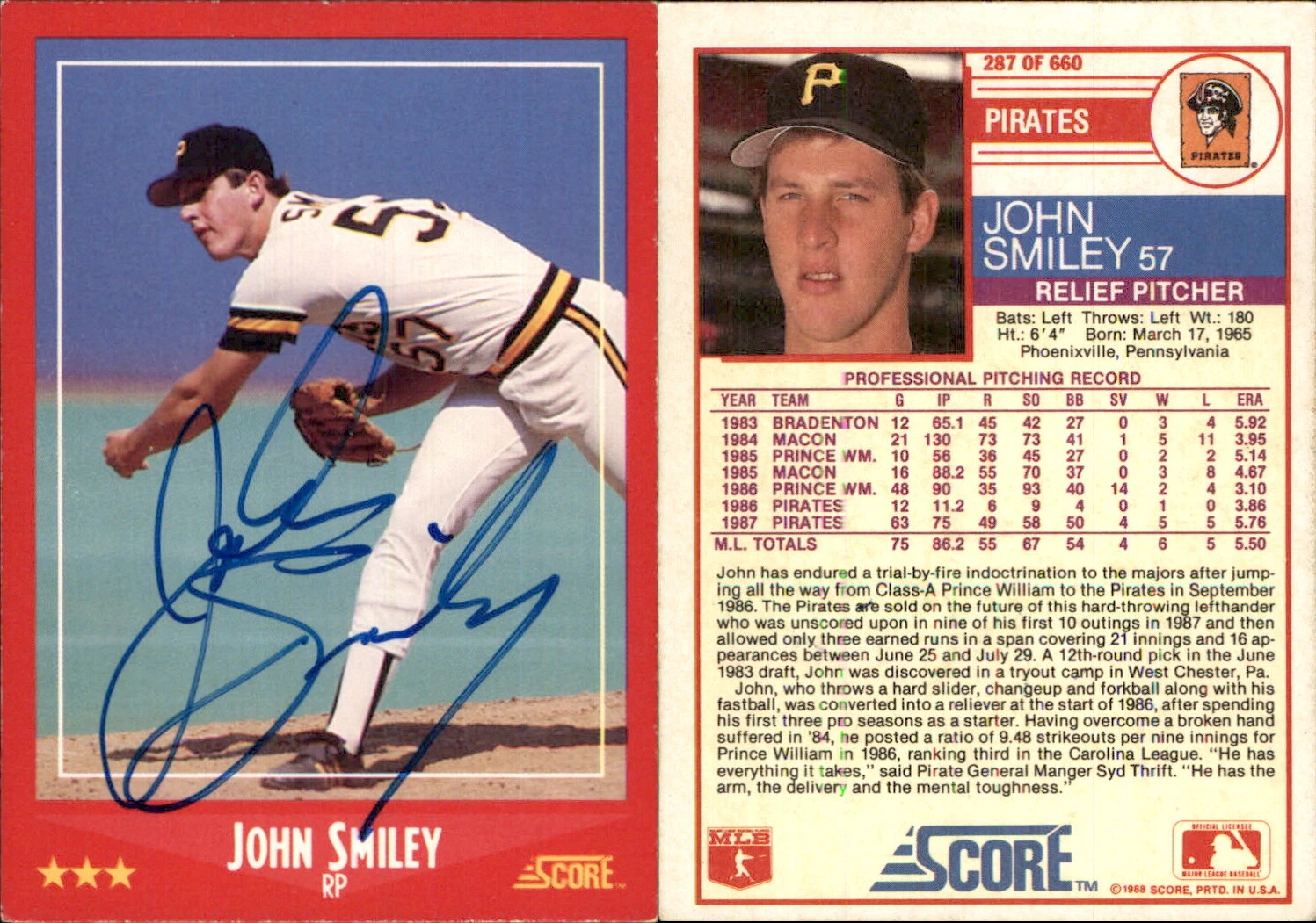 John Smiley Signed 1988 Score #287 Card Pittsburgh Pirates Auto AU