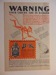 1930 B-K GERM KILLER Advertencia que tus pollitos están en peligro anuncio impreso de colección - Imagen 1 de 1