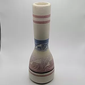Vaso in ceramica artistica arcobaleno rosa blu inciso stile nativi americani 8" firmato - Foto 1 di 4