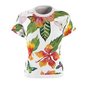 Tropical Flowers Women’s T-Shirt Fold Floral Tee Summer Vacation Beach Top - Picture 1 of 7