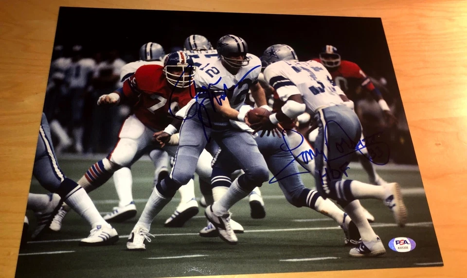 Foto autografiada firmada por Roger Staubach Tony Dorsett Dallas Cowboys 11x14 PSA A Foto 1 de 1