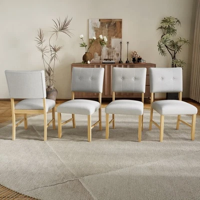 Modern Set of 4 Wooden Dining Chair Linen Upholstered Kitchen Dining Room Chair - Image 1 of 4