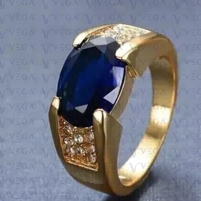 Anel masculino folheado a ouro amarelo 18K com safira natural corte oval 4,40 quilates - Imagem 1 de 4