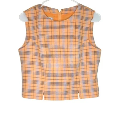 Top corto estructurado vintage de lino Jennifer Moore melocotón y azul a cuadros Foto 1 de 3