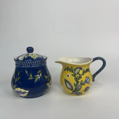 Anthropologie Sugar And Creamer VILLETTE Stoneware Yellow Navy Dots Flowers - Image 1 of 4