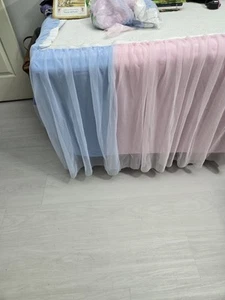 Tulle Table Skirt 1/2 Pink 1/2 Blue Gold Trim 2 Panels Each Measure 70 Inches - Picture 1 of 6