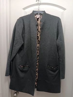 CHICO'S Sz. 2 (L) Gray Knit Open Front Long Cardigan Animal Woven Back NWT  - Image 1 of 4